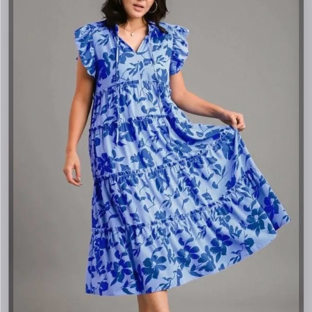 Umgee Blue Floral Dress Tiered Flutter Sleeves Medium MIDI to Maxi